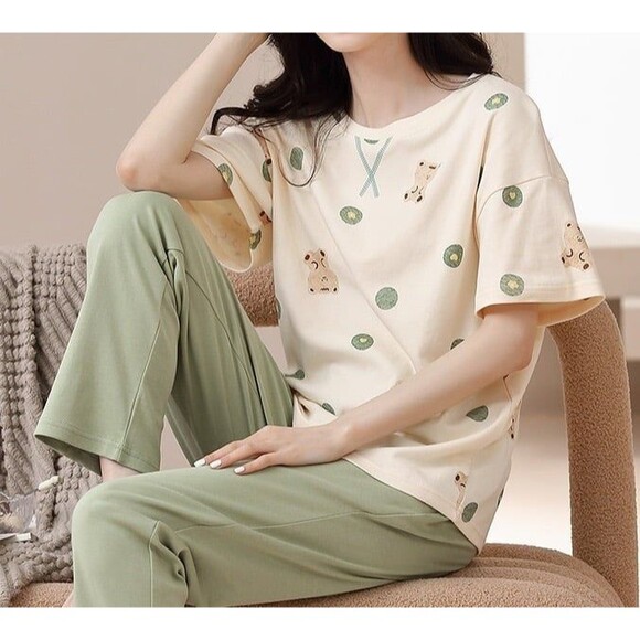 100% Cotton Women Pajama Set 2Pcs Short Sleeve Pullover Top Sleepwear Soft - Picture 8 of 8